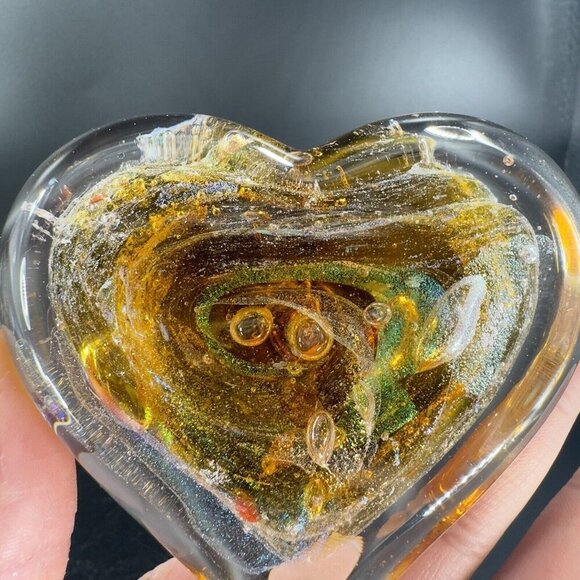 Hand Blown Art Glass Heart Figurine Paperweight Multicolor Swirls Artist Signed - Picture 6 of 16